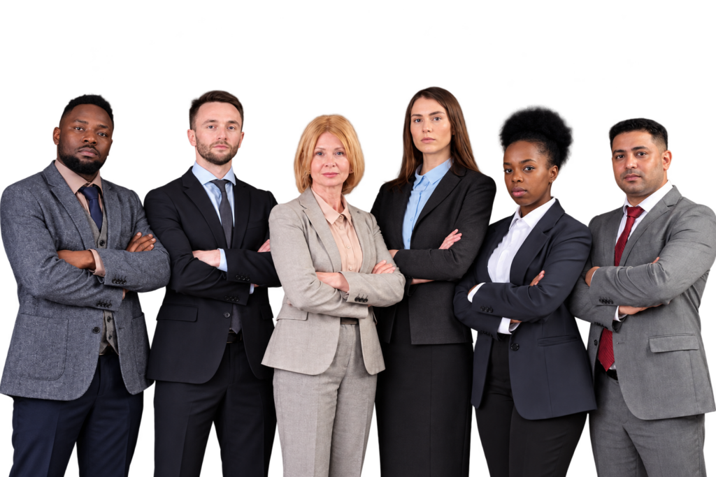 Six people in business suits standing in a row with their arms folded, on a plain background