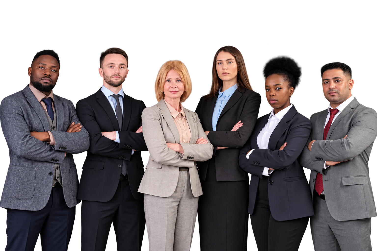 Six people in business suits standing in a row with their arms folded, on a plain background